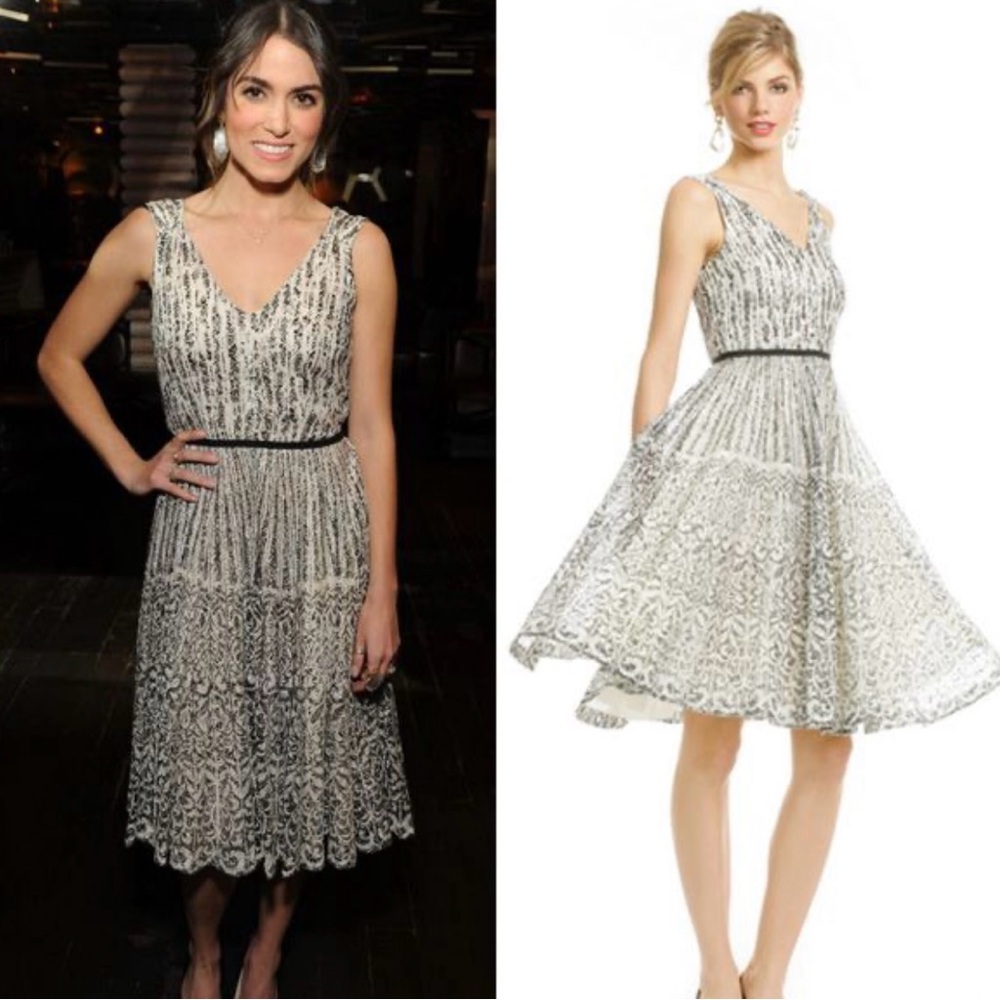 Moschino Rent the Runway Dress Time For Tea Nikki Reed Black White Print Lace 40